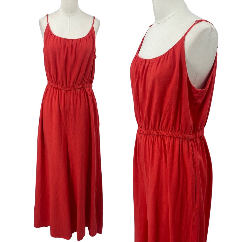 Haute Hippie Jumpsuit Linen Elasticized Cinch Waist Wide Leg Coral Red Womens L